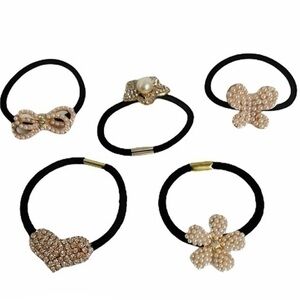 Set of 5 Blingy Pearl and Crystal Hair Ponytail Bands